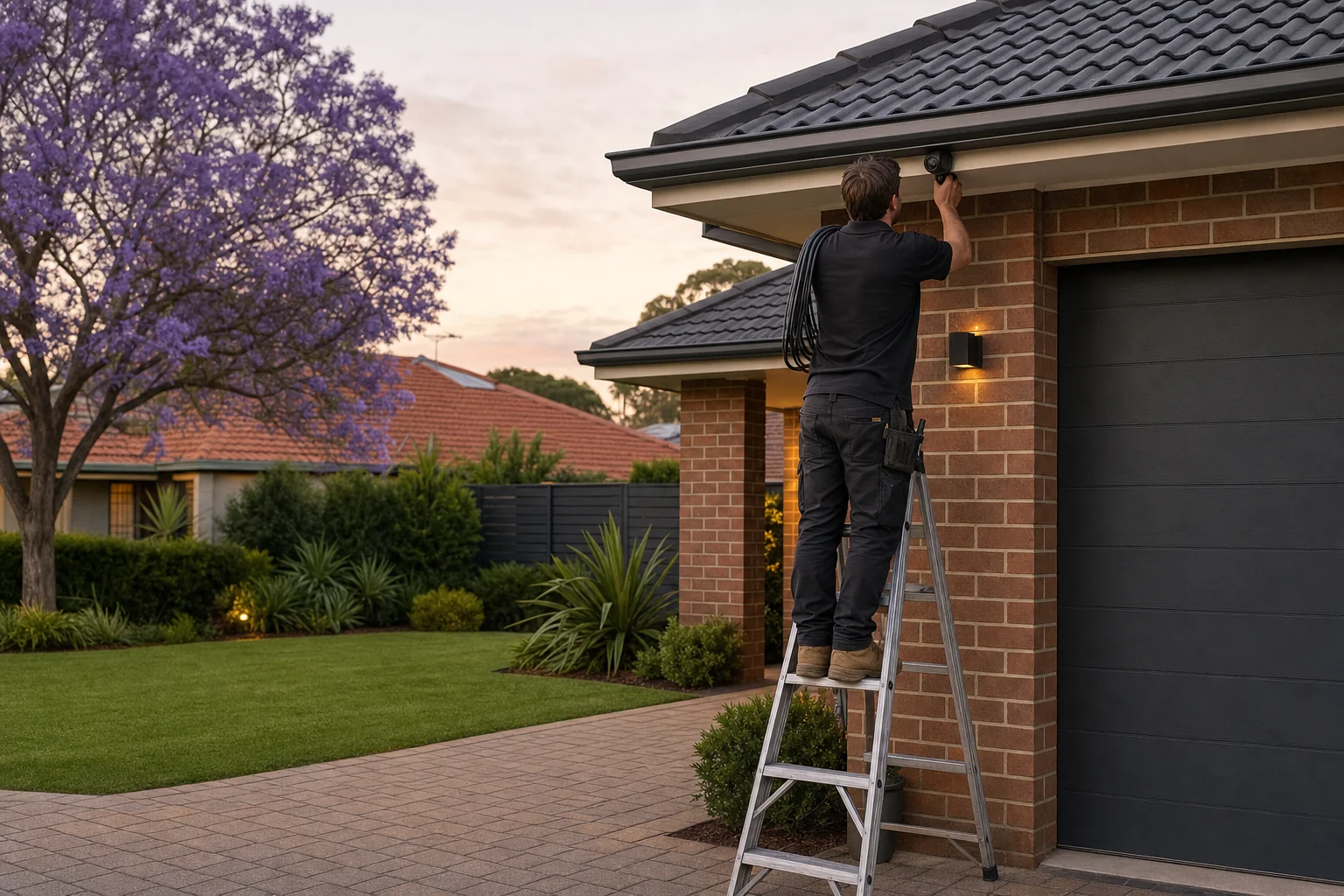 An installer on a step ladder at the front of a Perth brick home at dusk, fitting a small dome camera under the eave with cable coiled over one shoulder