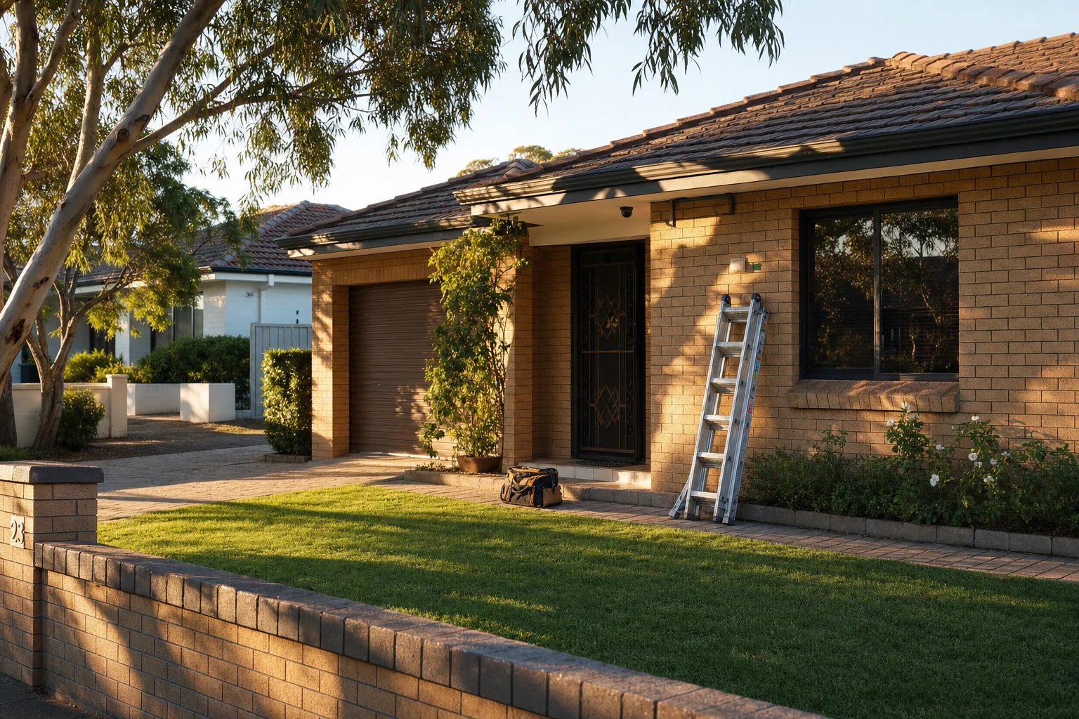 An extension ladder leaning against the brickwork of a single storey Perth home in late afternoon light, with a canvas tool bag on the paving beside the front step