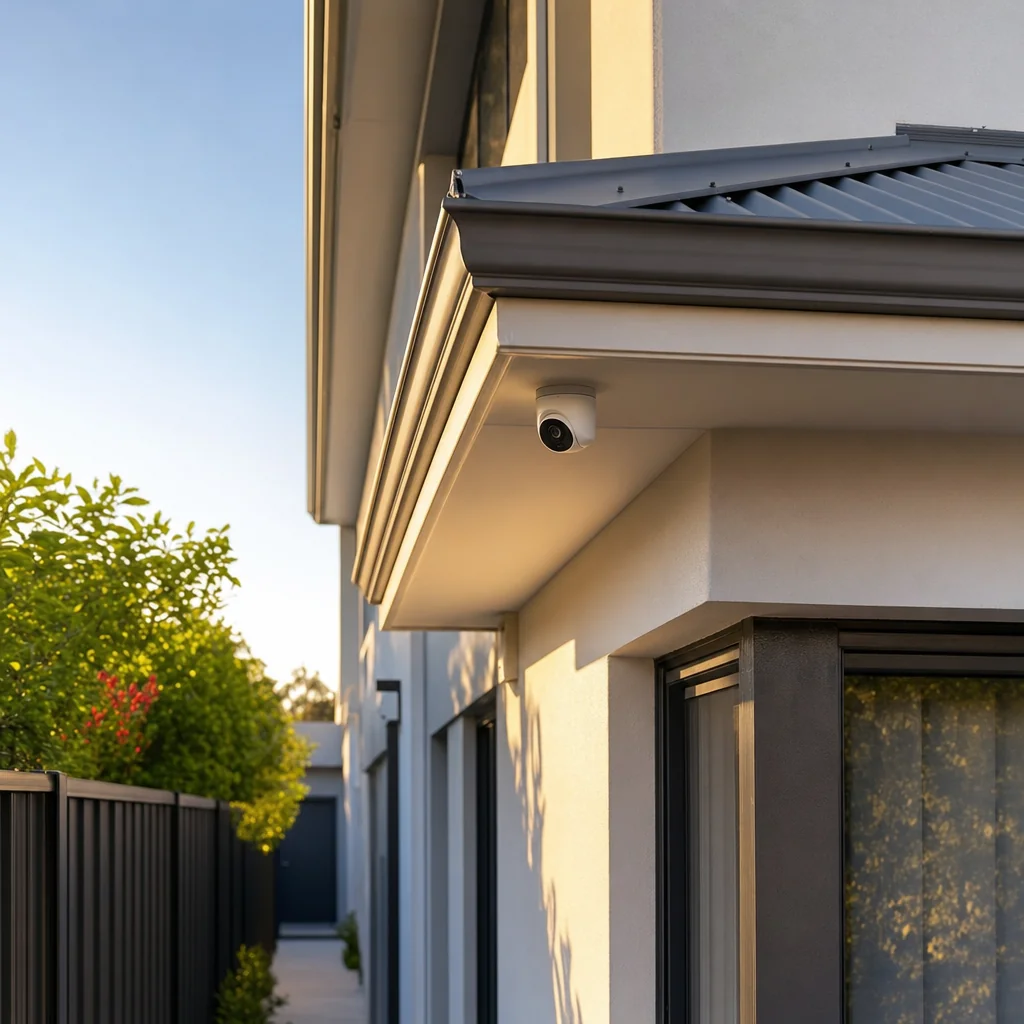 A small white camera mounted under the eave of a modern double storey estate home in light render with a Colorbond roof