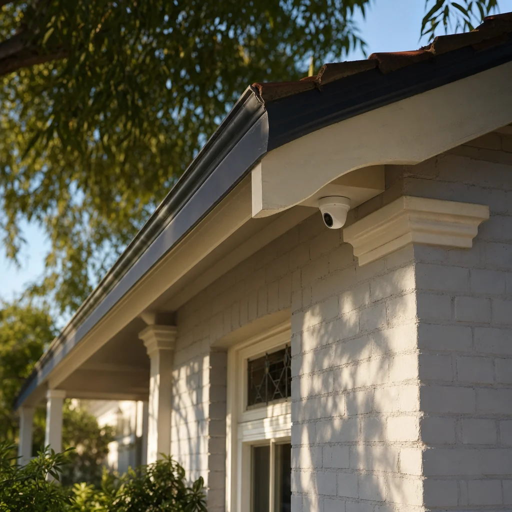 A small white camera mounted under the eave of an established painted brick home, with the shadow of a mature tree falling across the wall