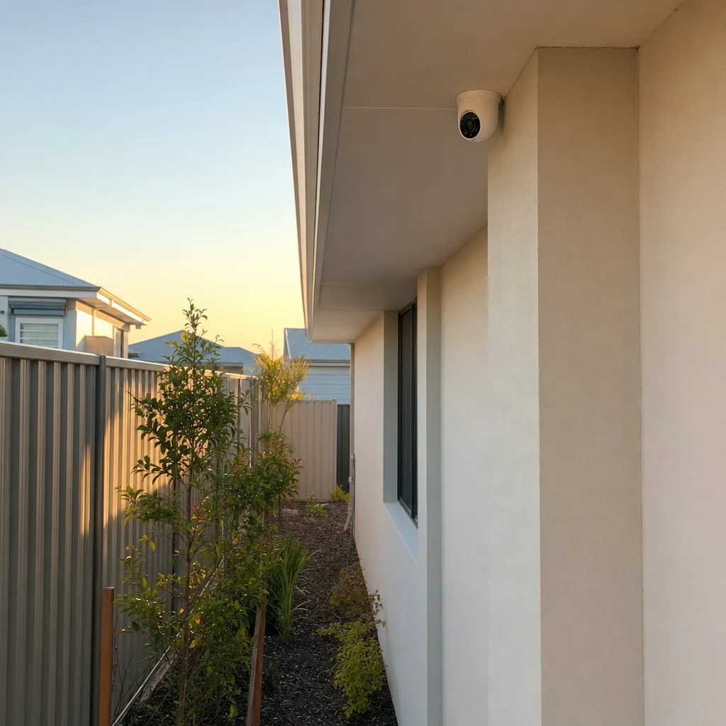 A small white camera mounted under the eave of a new small lot estate home in pale render, a close side fence and young planting below
