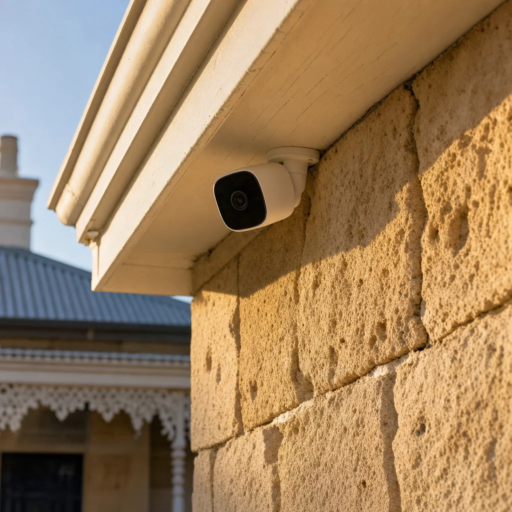 A small white camera mounted under a painted timber eave above rough limestone blockwork on a Fremantle cottage