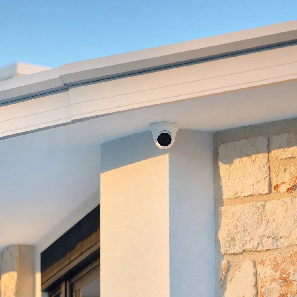 A small white camera mounted under the eave of a modern coastal home clad in pale render and stone, blue sky above the roofline