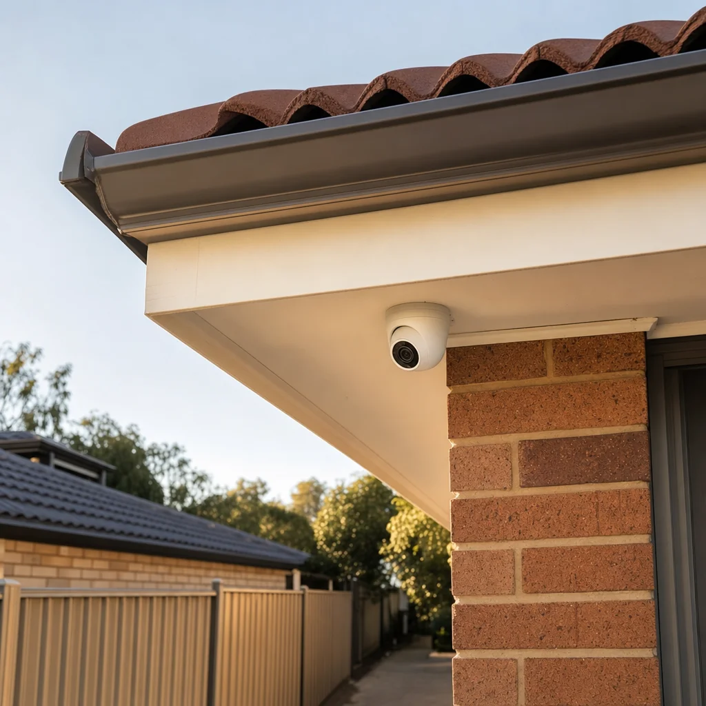 A small white dome camera mounted under the eave of a brick and tile home, looking down the narrow side path between the house and the neighbouring fence