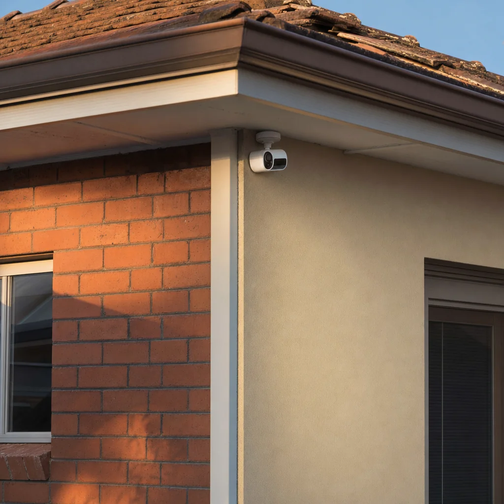 A small white camera mounted under the eave where an older brick wall meets a newer rendered addition on the same roofline