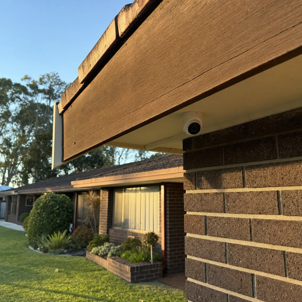 A small white camera mounted under the eave of a single storey dark brown face brick home with a wide timber fascia