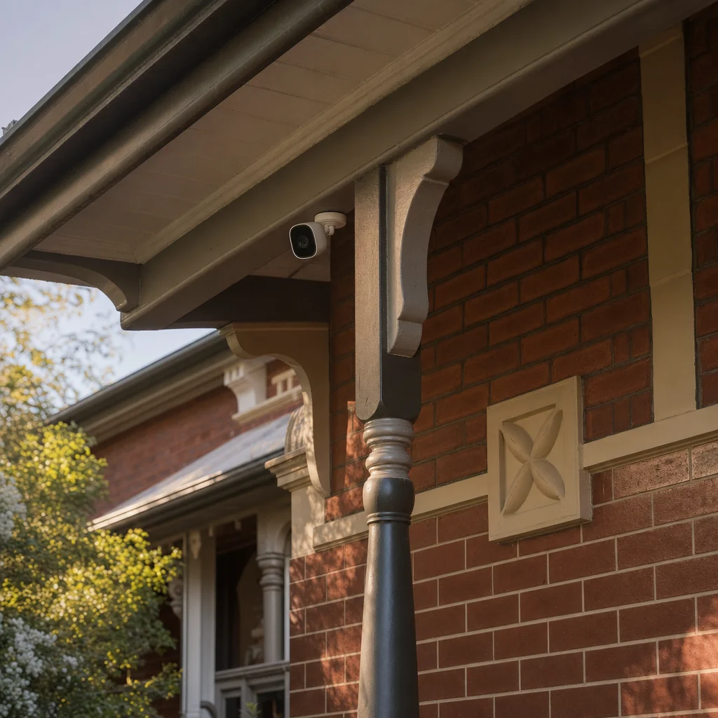 A small white camera mounted under the eave of a character brick home with a deep verandah, decorative brickwork and an ornate timber post in frame