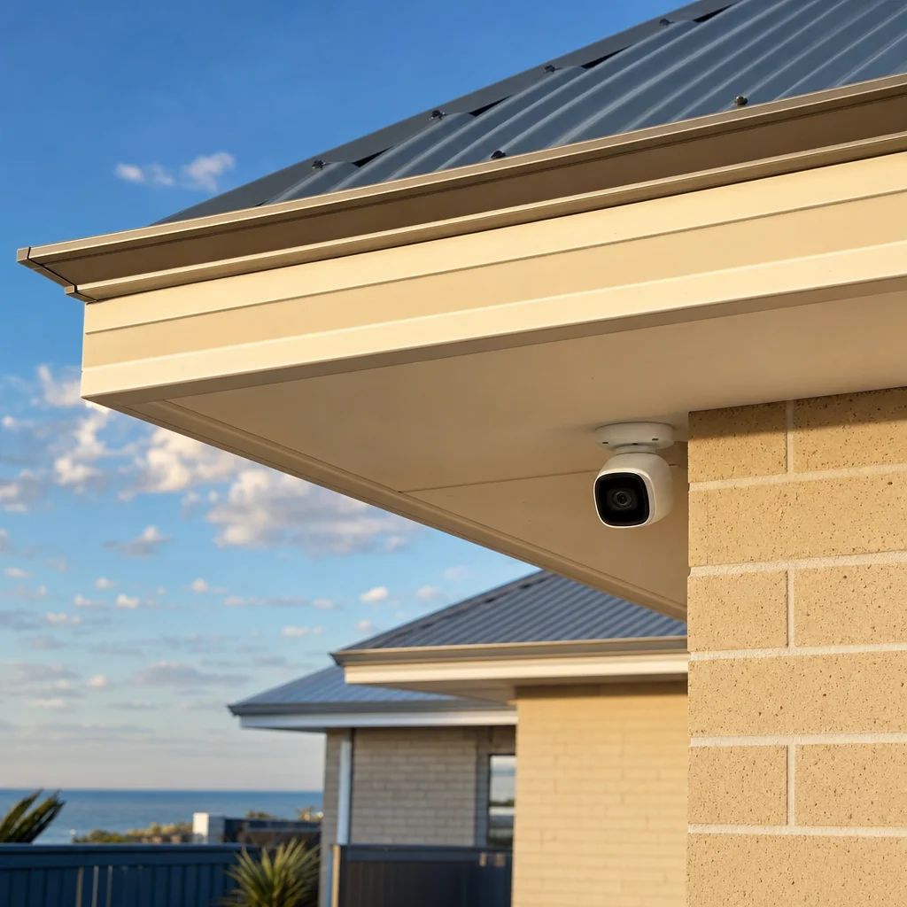 A small white camera mounted under the eave of a newer single storey coastal home in pale brick with a Colorbond roof and open sky behind