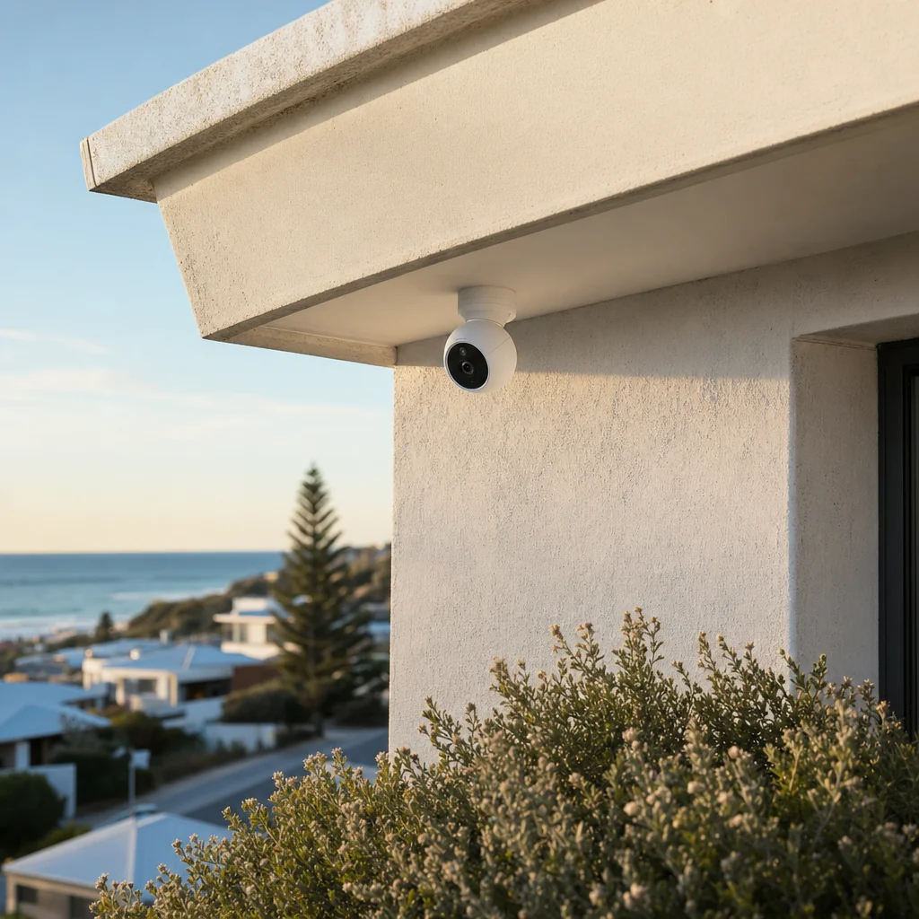 A small white camera mounted under the eave of a rendered coastal home, coastal shrub below it and the ocean and rooftops visible beyond