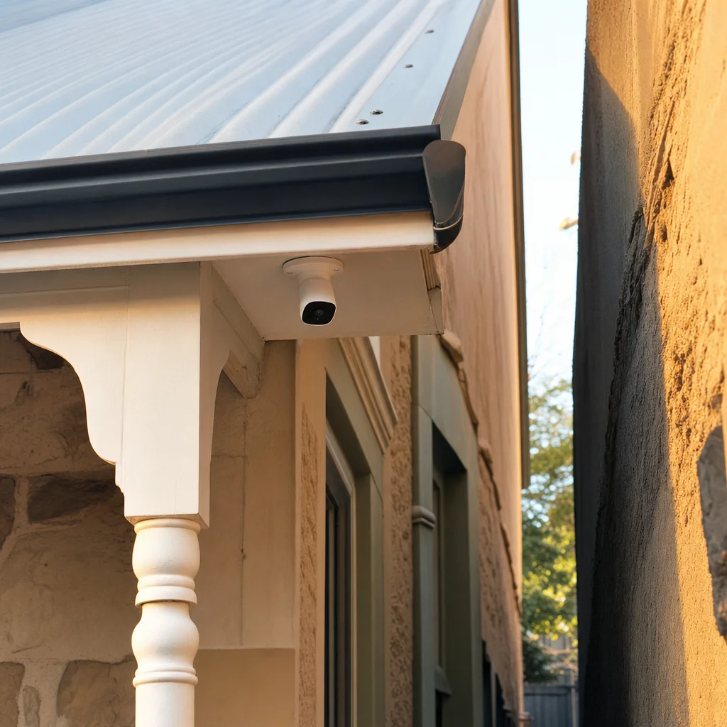 A small white camera mounted under the eave of a narrow character cottage with a corrugated verandah roof and a close neighbouring wall