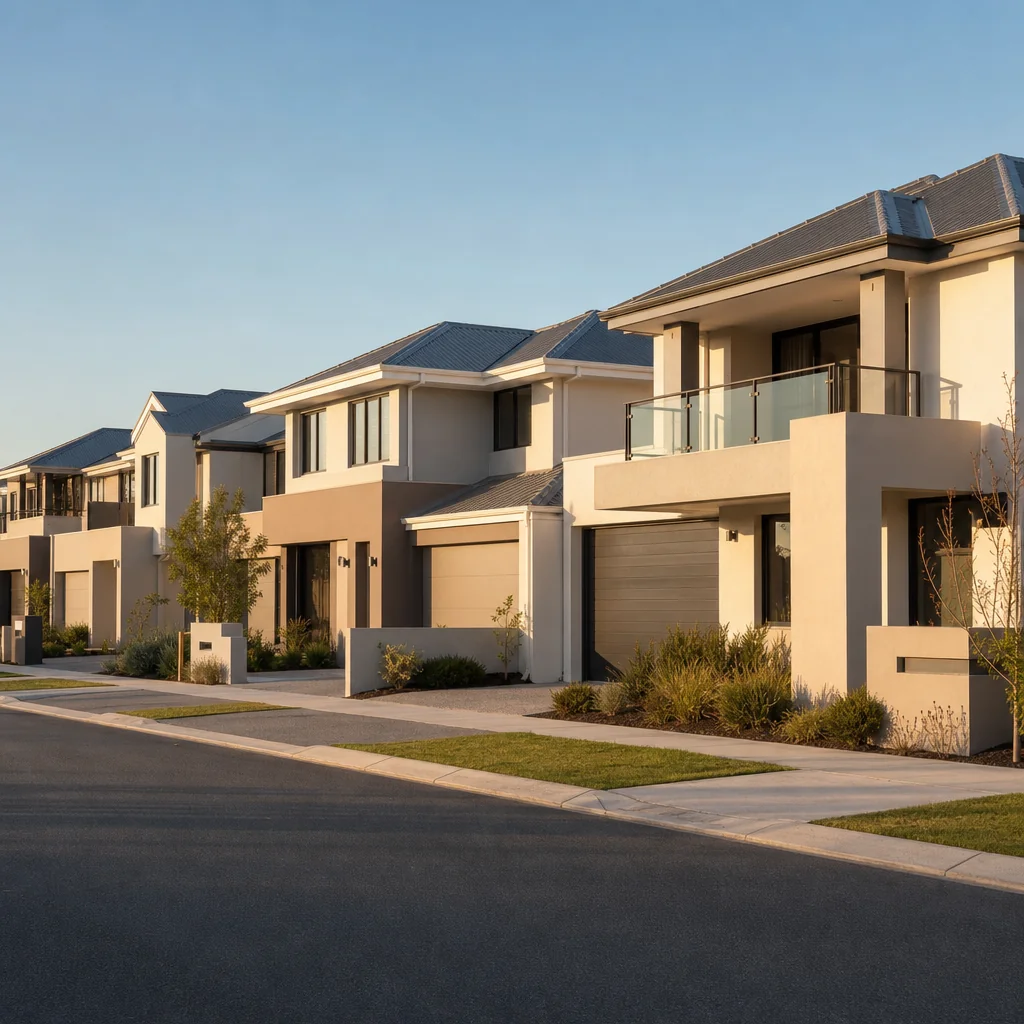 A street of modern double storey estate homes in render with Colorbond roofs