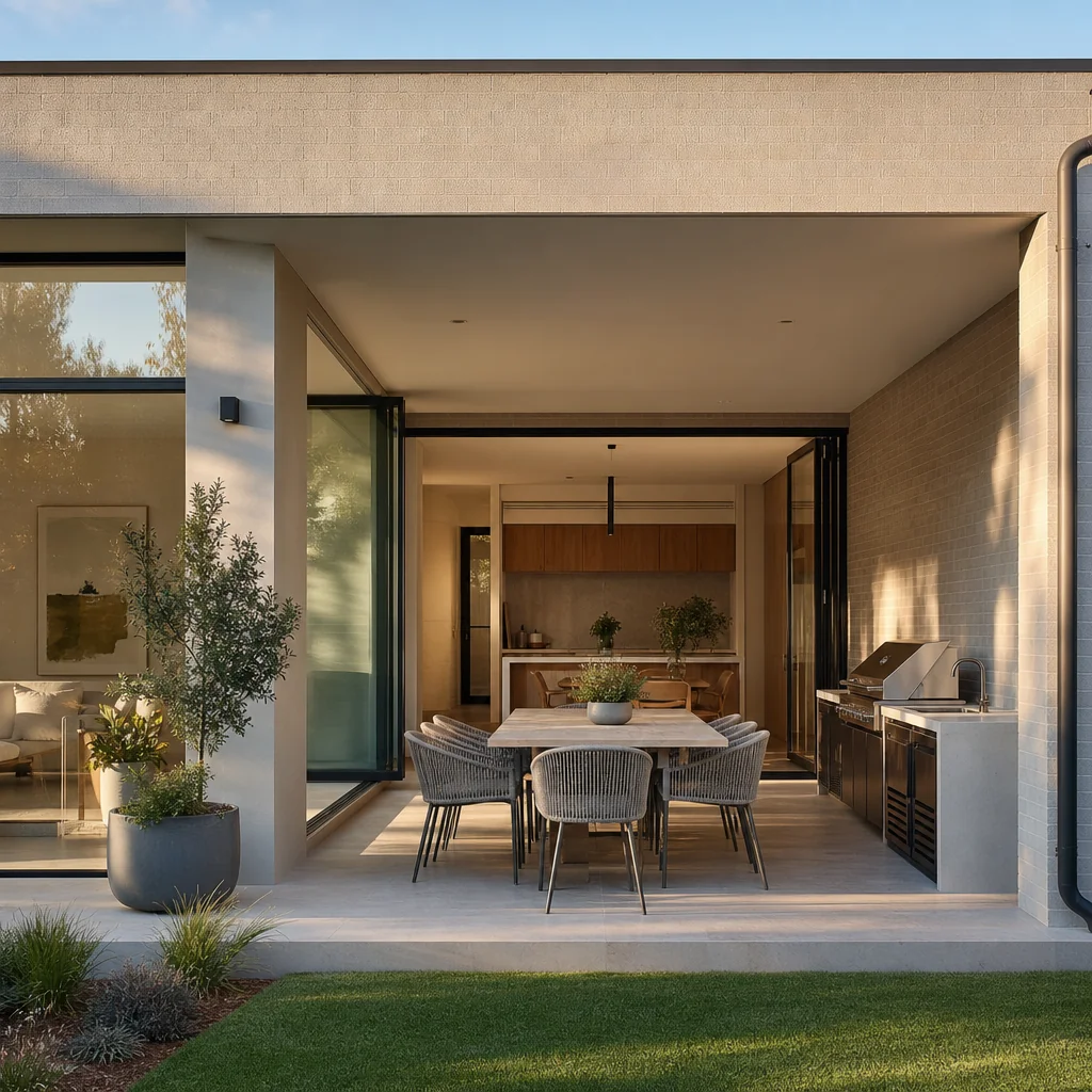 An alfresco under the main roofline at the back of a home, with no eave overhang