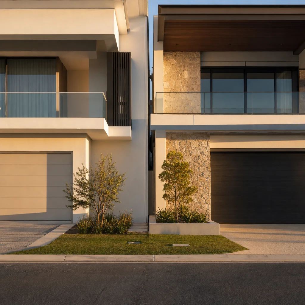 Two modern estate homes on a zero lot line, one wall right on the boundary