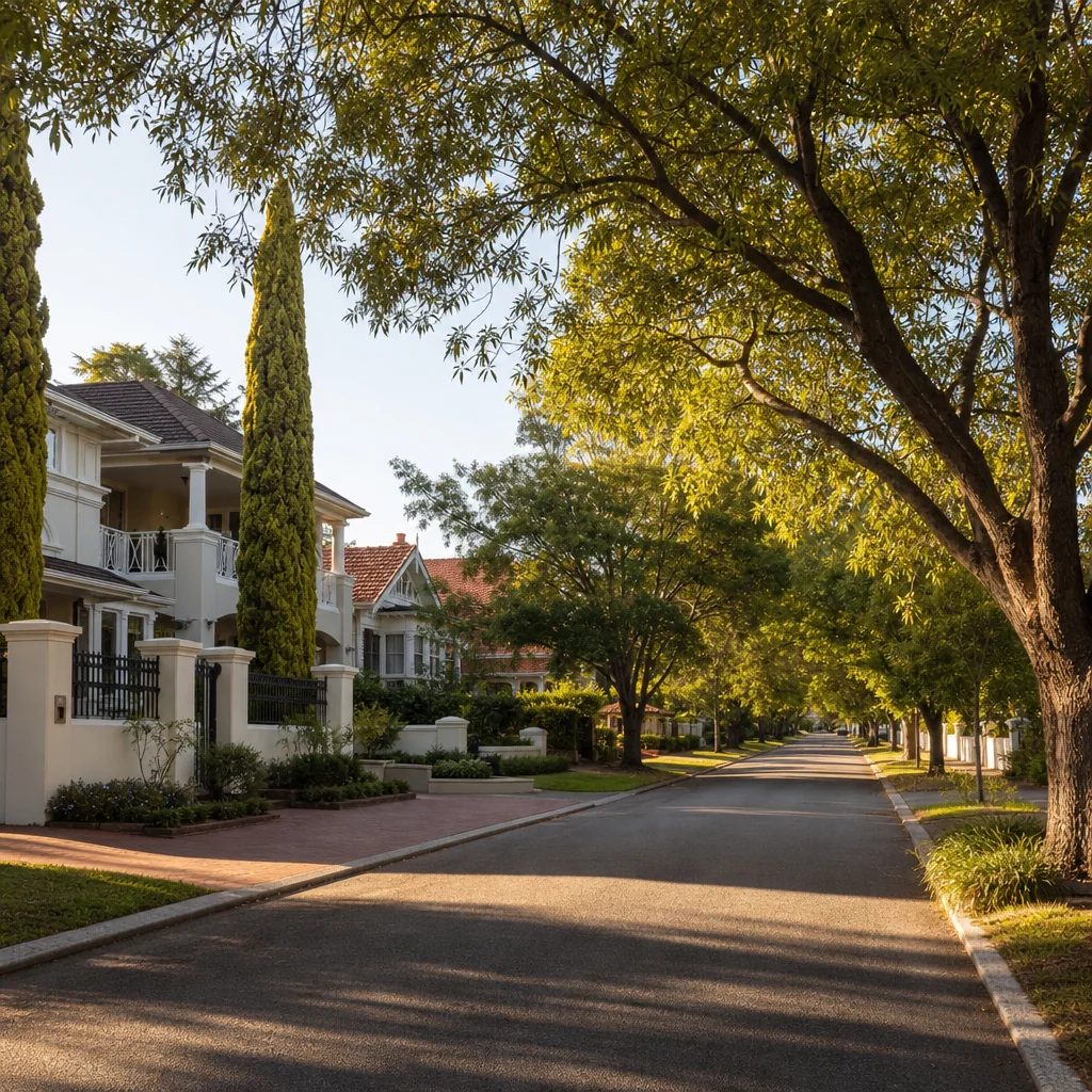 A wide leafy street of established homes with mature trees arching overhead