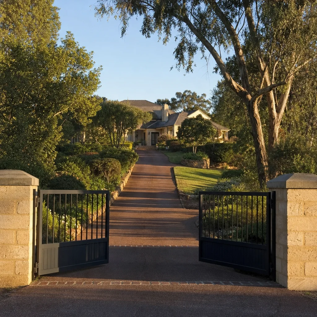 A long private driveway running from a solid front gate up to the house