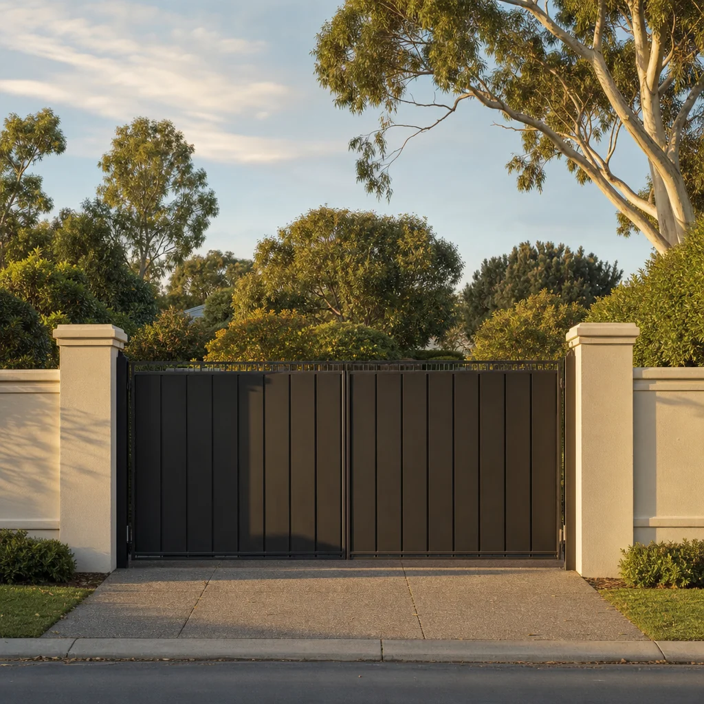 A high rendered front wall and solid metal gate with established garden behind