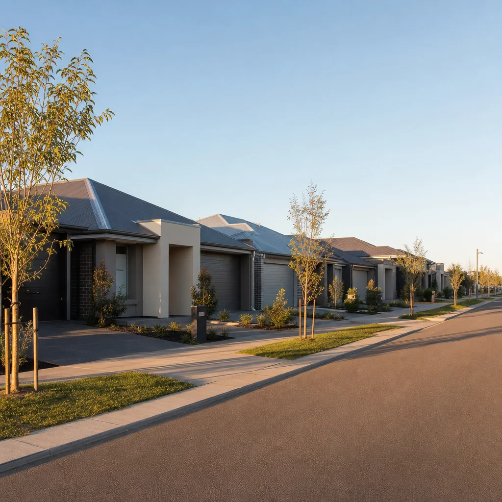 A new estate street of rendered homes on small lots with young verge trees