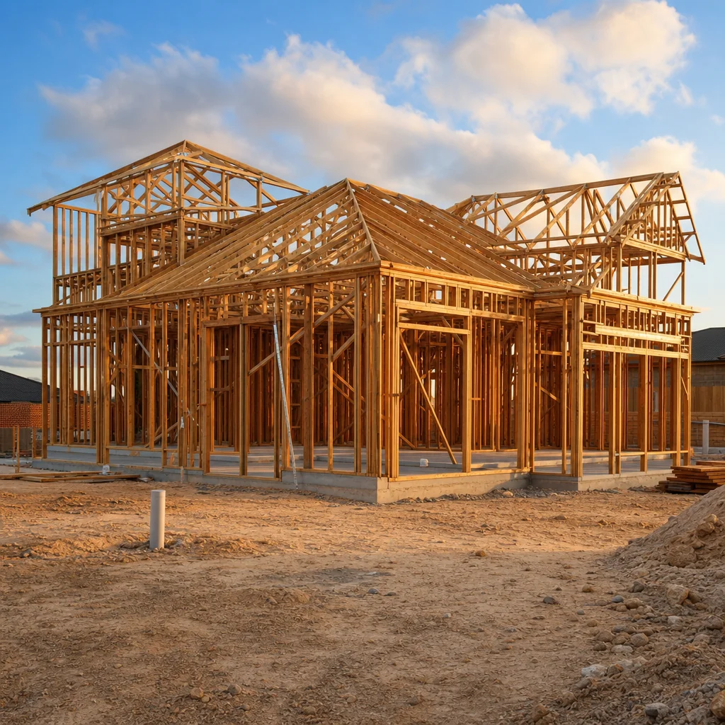 A house at frame stage in a new estate, timber frame and roof trusses up