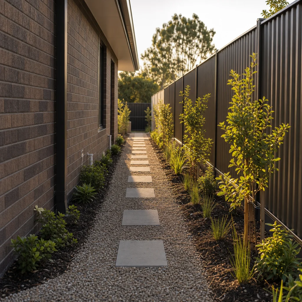 A narrow side path between a new home and a Colorbond fence, with young planting