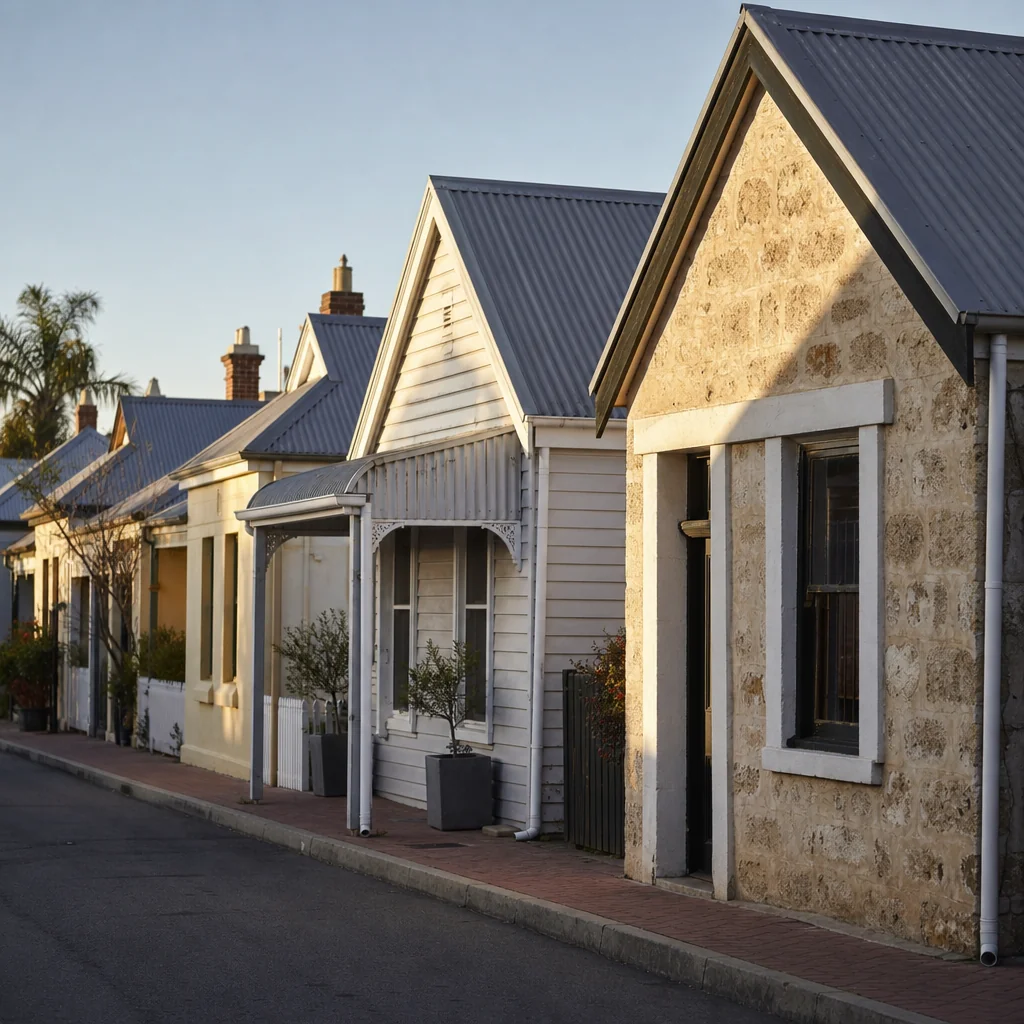 A street of heritage limestone and weatherboard cottages with corrugated roofs