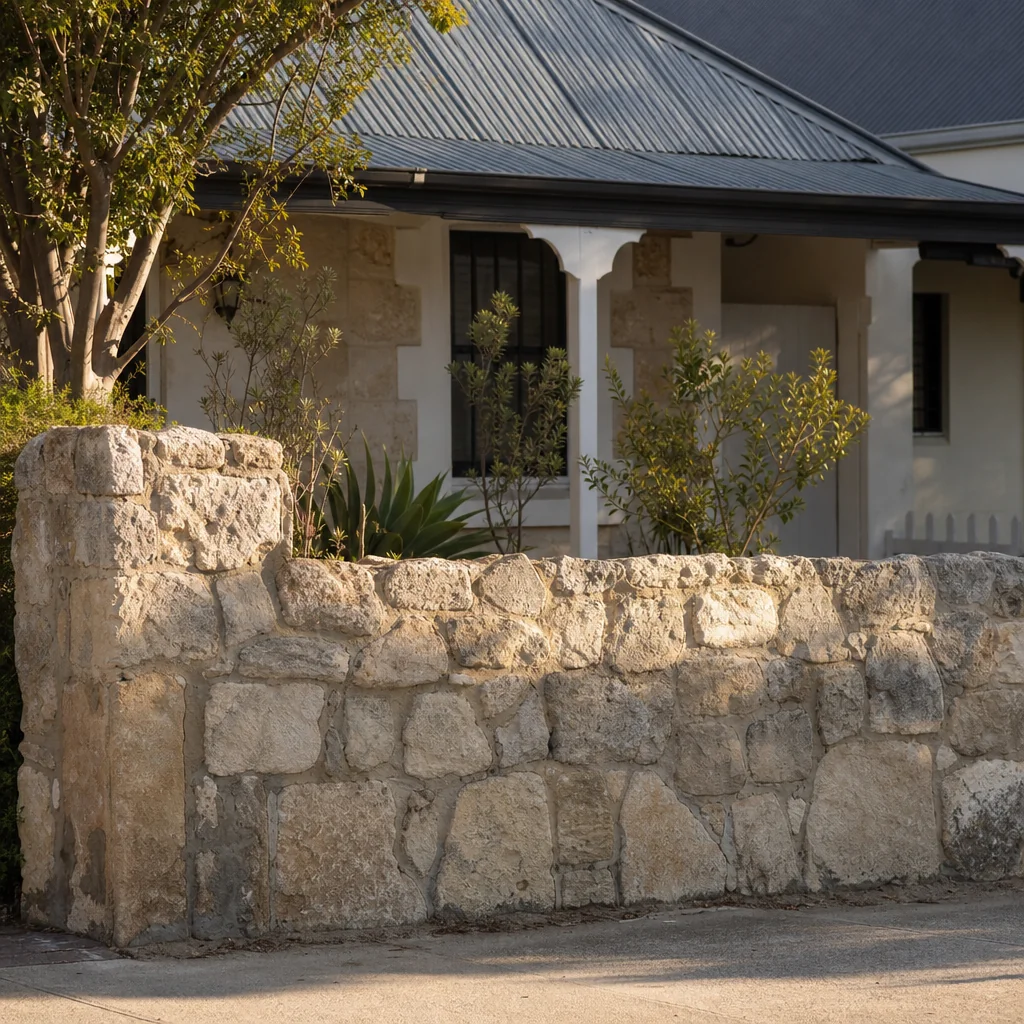 A rough limestone garden wall in front of an old cottage