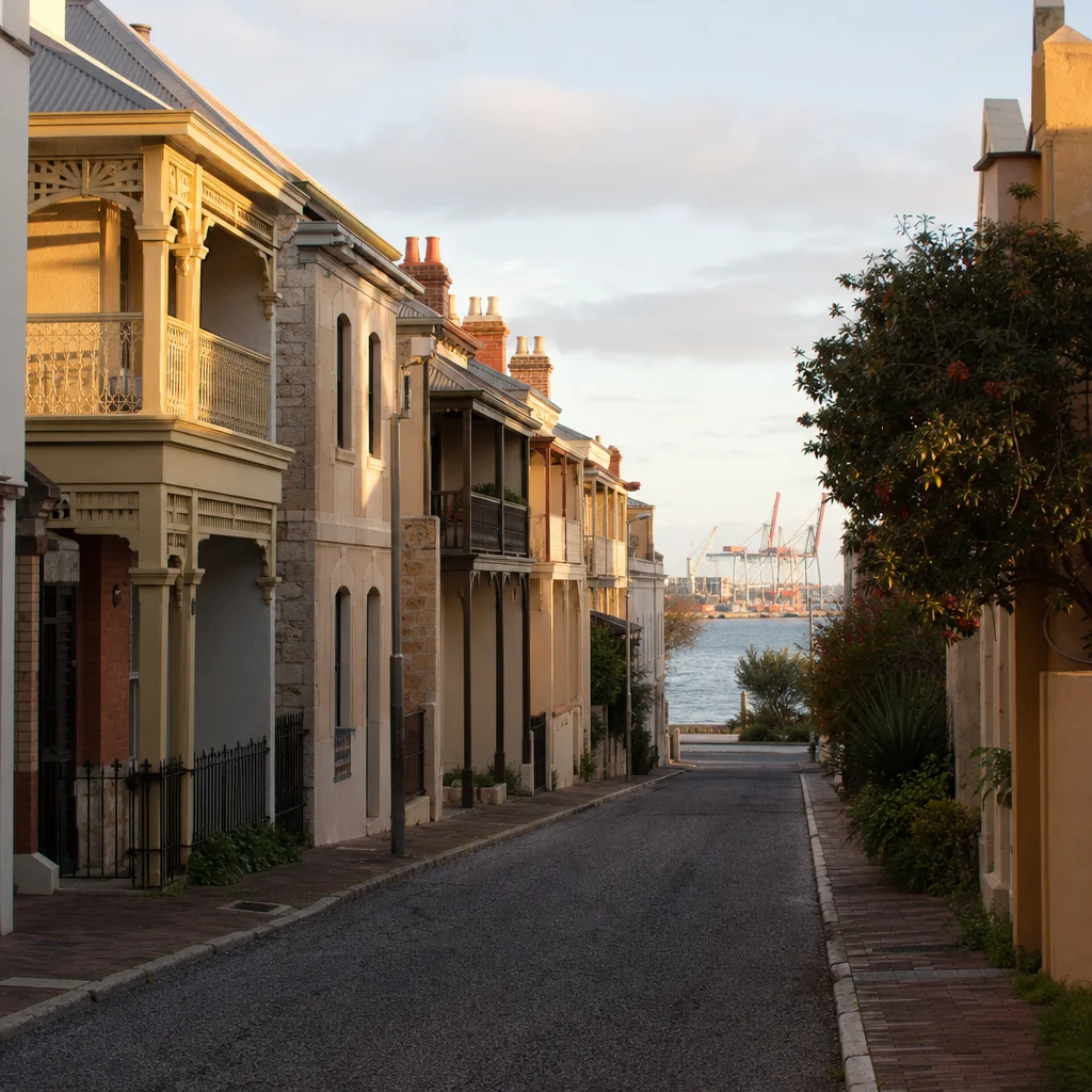 A narrow side street of terrace housing with a glimpse of the port beyond
