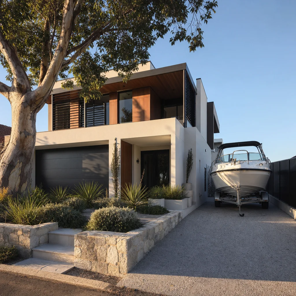 A modern coastal home with a boat parked on the side pad beside the house