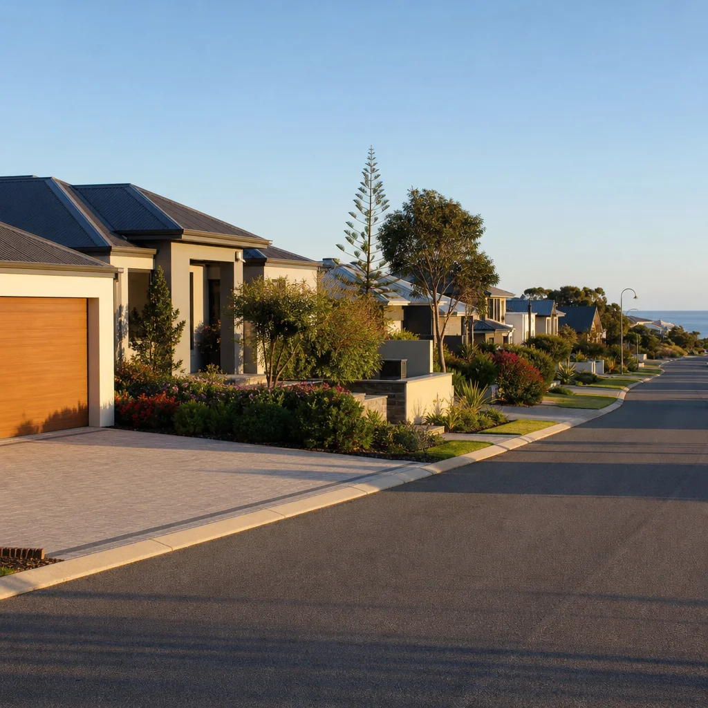 A wide street of newer rendered homes with established front gardens