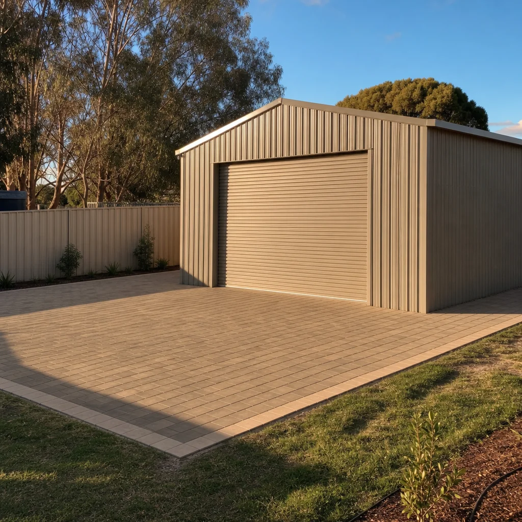 A large Colorbond shed at the rear of a block with a paved apron in front of it