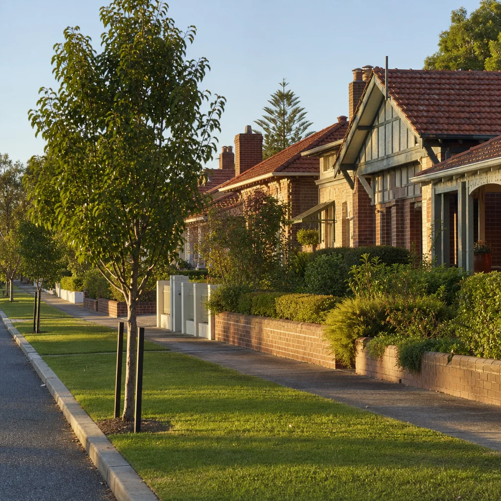A quiet street of established brick and tile homes with a wide grassed verge