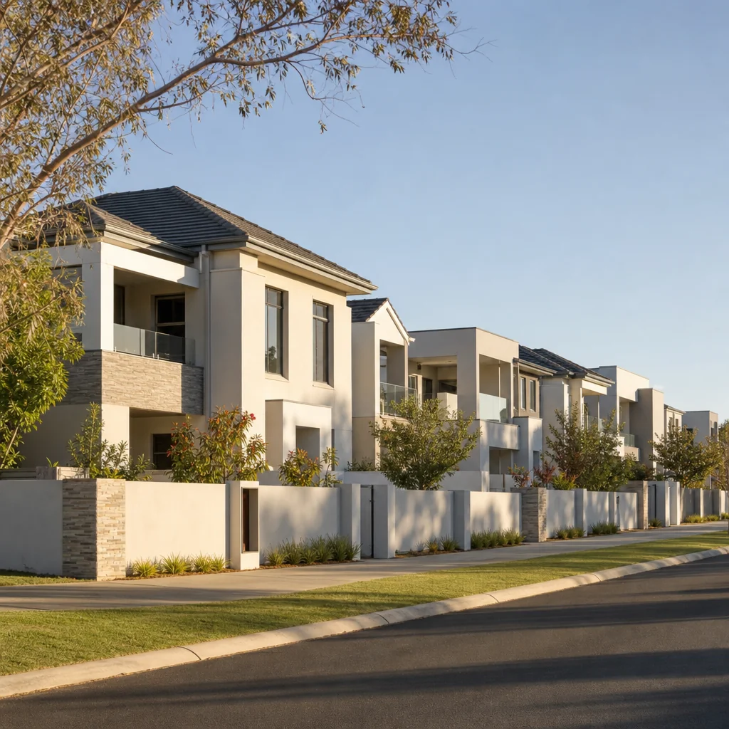 A row of modern villas and townhouses behind a low front wall