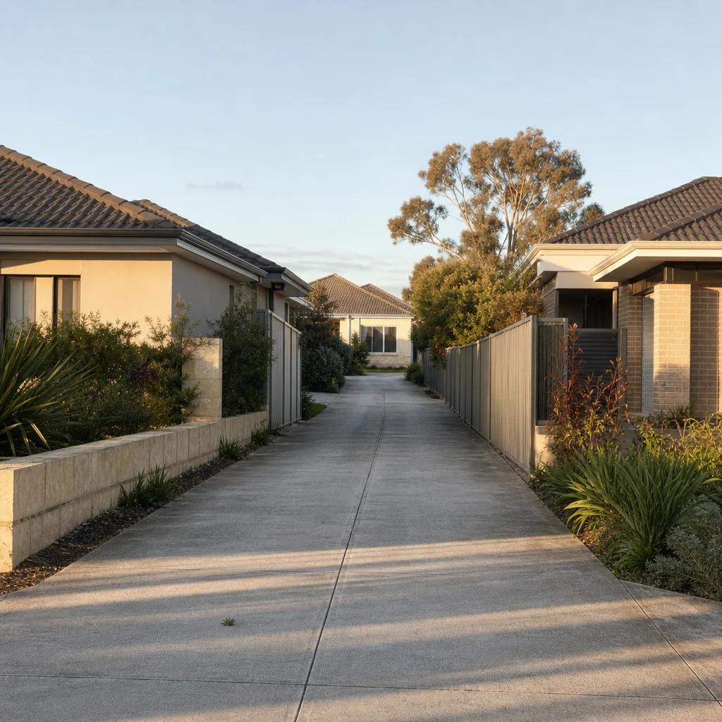 A long shared driveway running between two houses to a home set at the back of the block