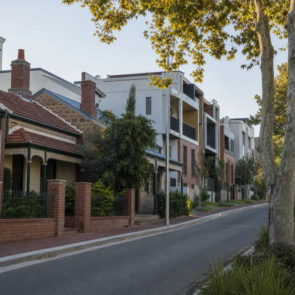 A street with older brick homes standing beside newer townhouses