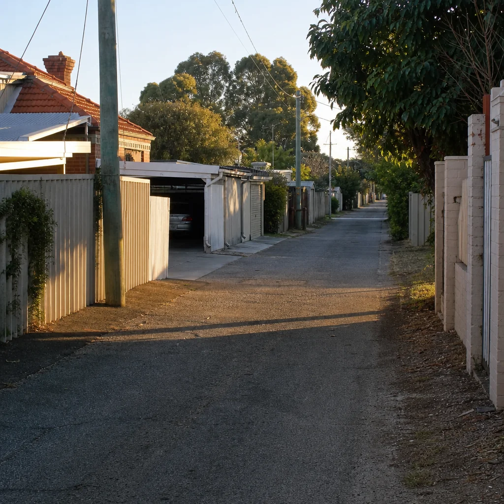 A back laneway behind older homes with rear gates and carports opening onto it