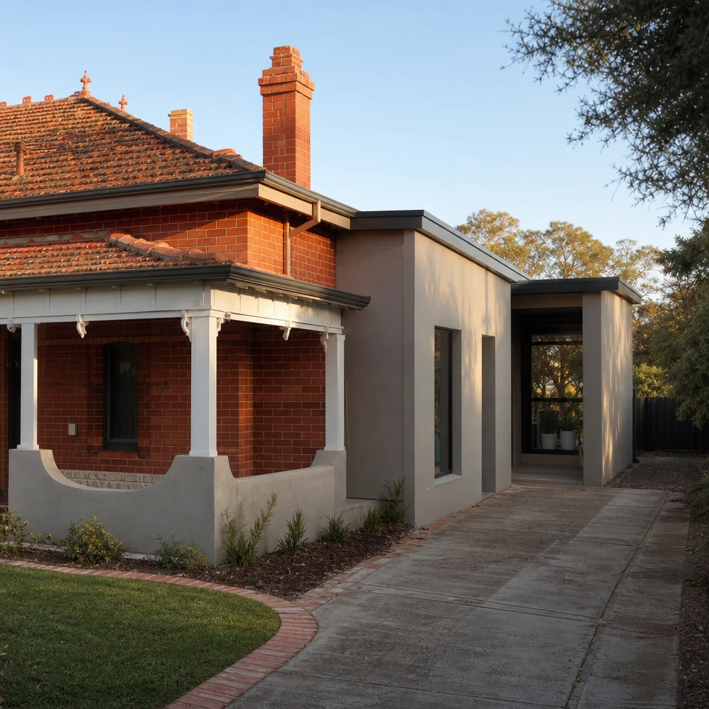 An older brick home with a newer rendered addition built at the side