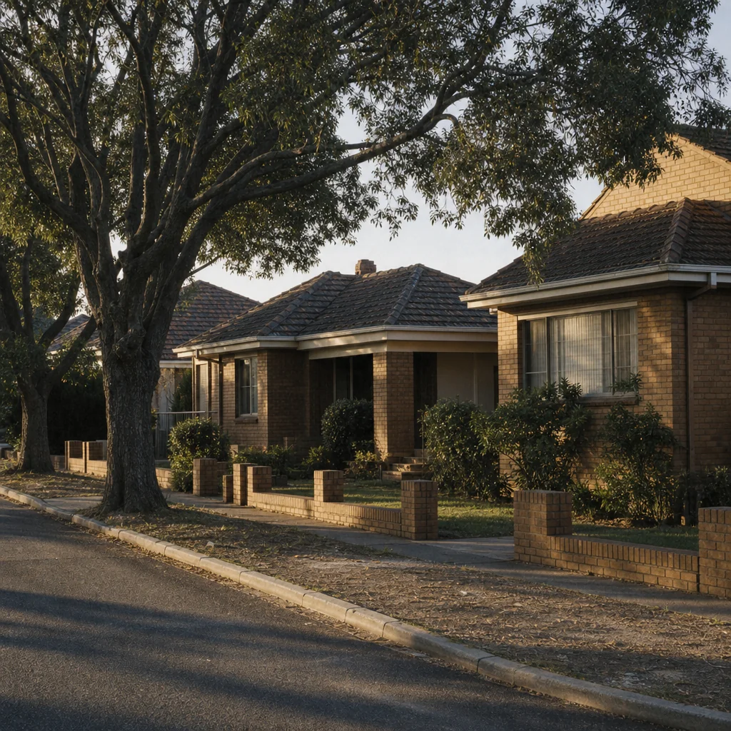 A street of 1970s brown brick and tile homes with mature street trees