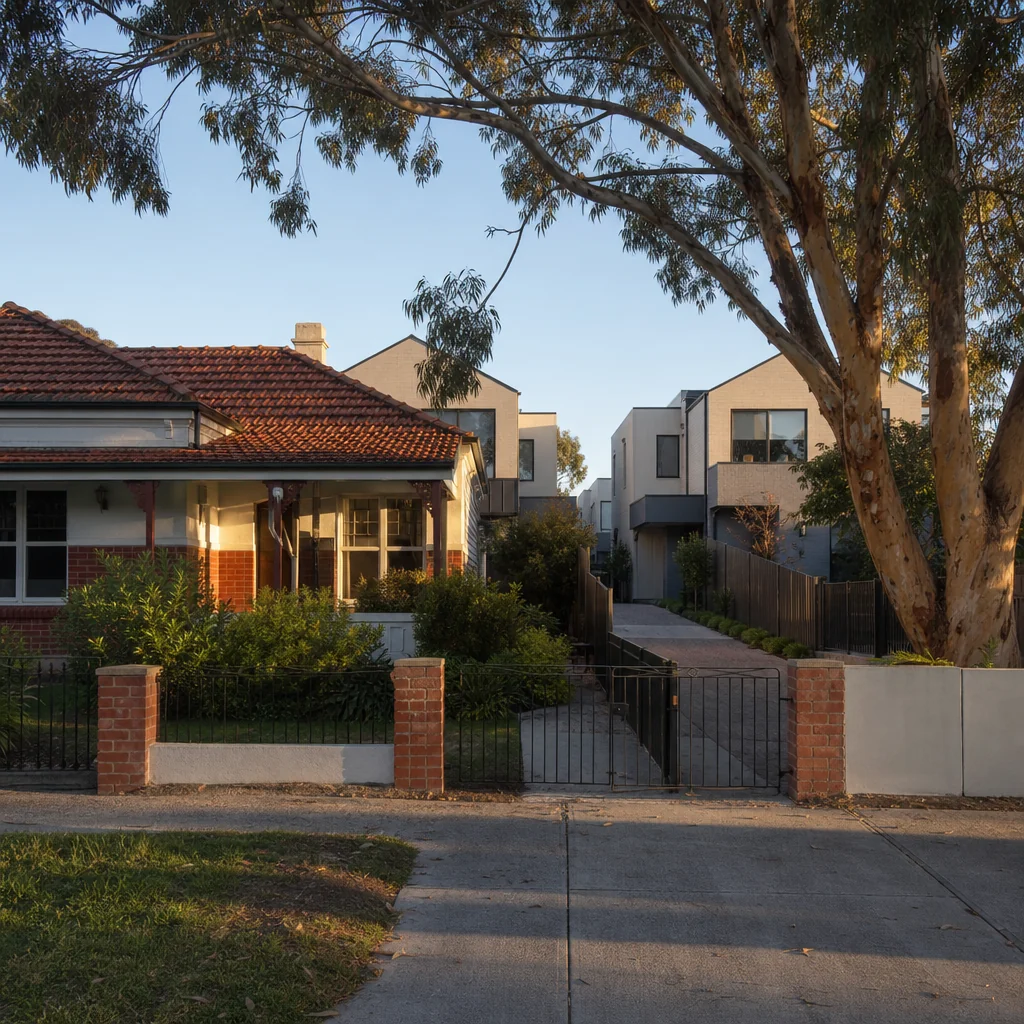 Newer townhouses built behind an older house on a subdivided block