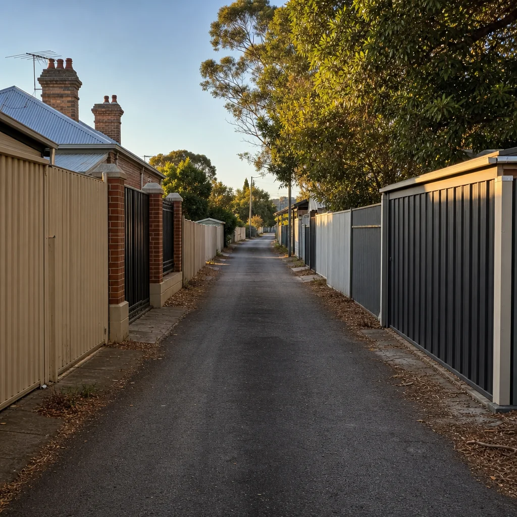 A narrow rear laneway behind older houses, with back gates and Colorbond fencing
