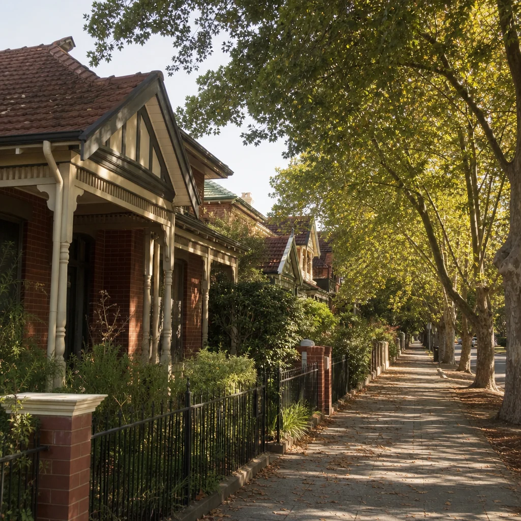A leafy street of Federation era brick homes with deep verandahs