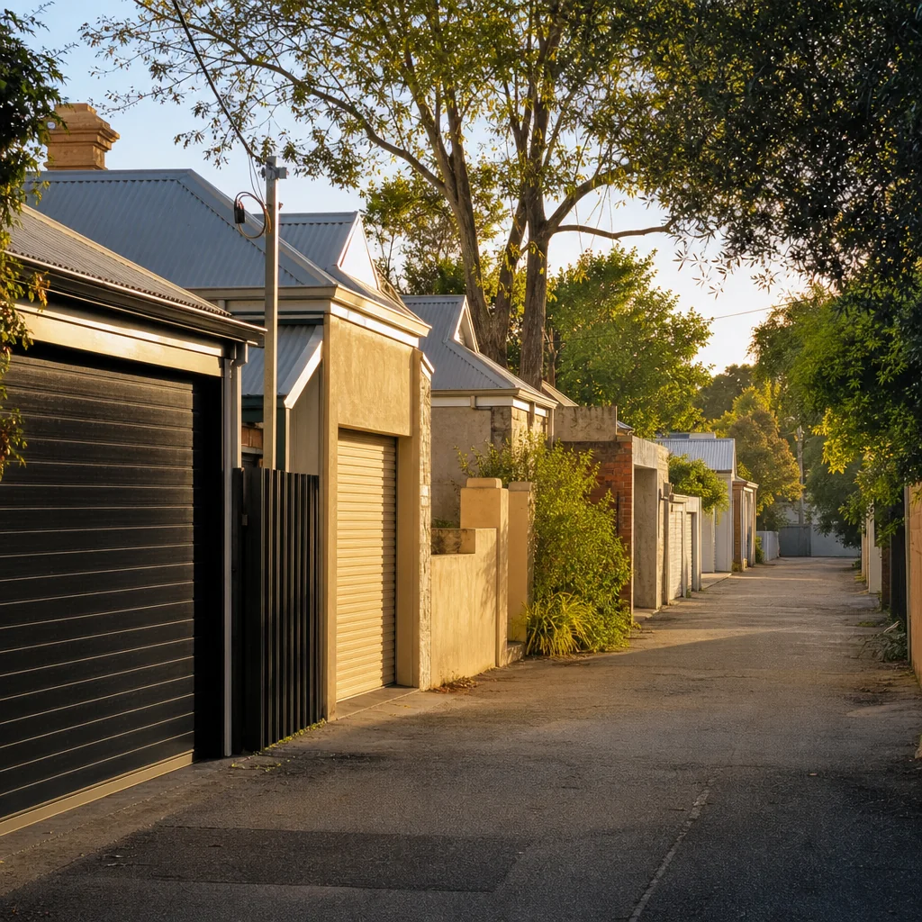 A rear laneway behind character homes with garages opening onto it