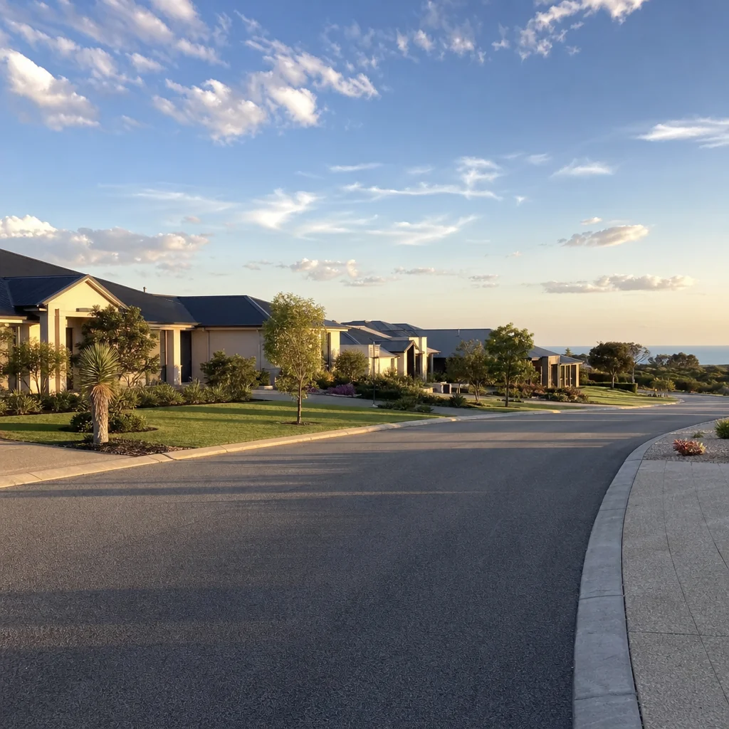 A wide street on a large lot estate, single storey homes and open sky