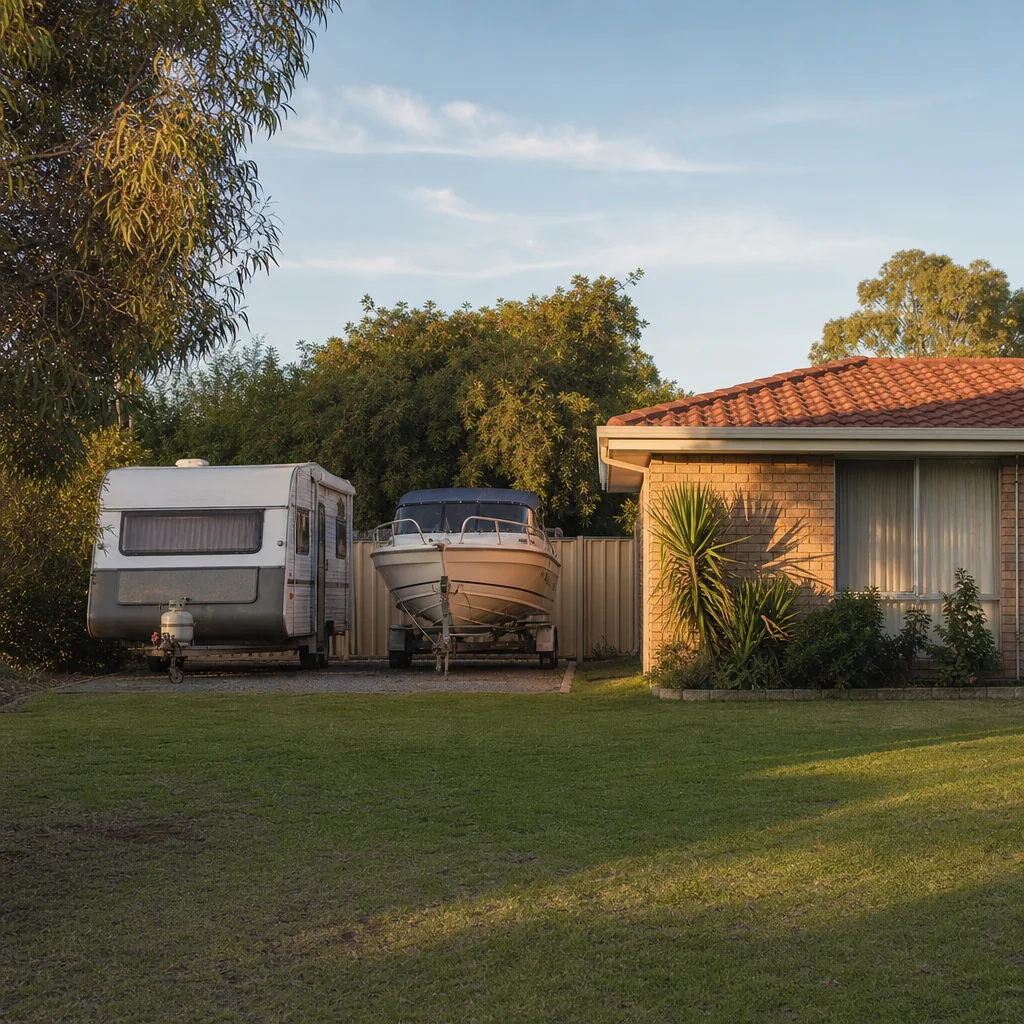 A caravan and a boat parked on a side pad beside a single storey home
