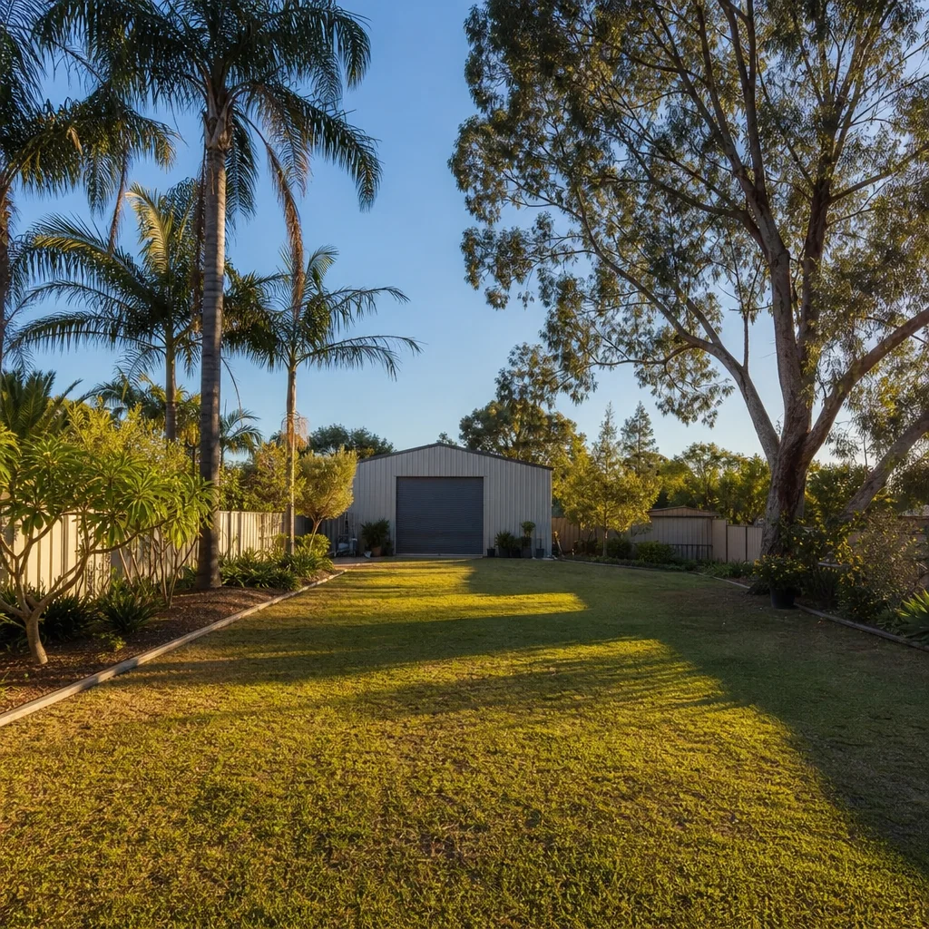 A large back yard on a wide block with a workshop shed at the rear boundary