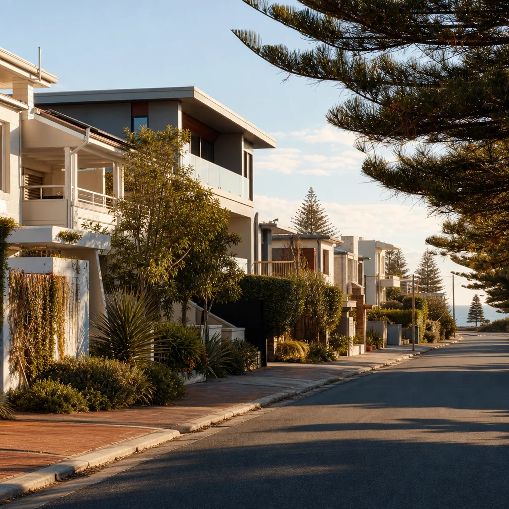 A coastal street of rendered homes a few blocks back from the beach