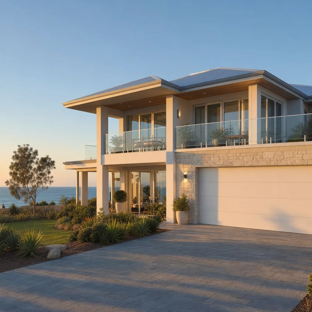 A rendered two storey coastal home with balconies facing the sea breeze