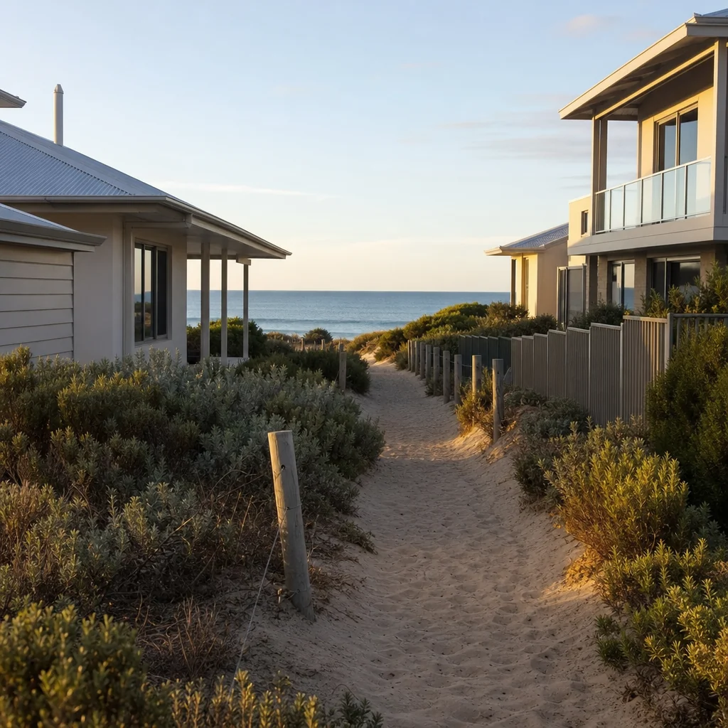 Low coastal dune scrub and a sandy path running between houses