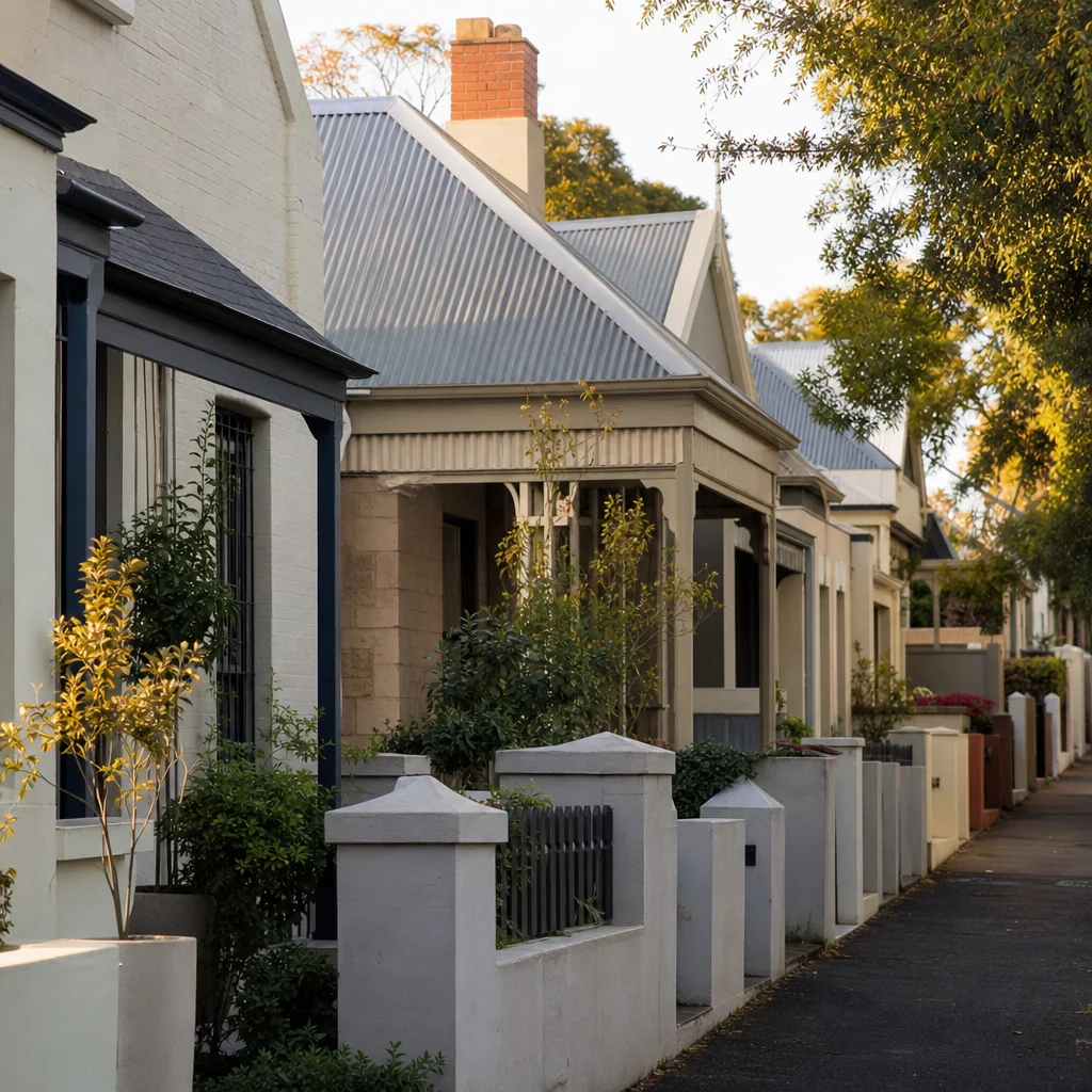A narrow street of restored character cottages close together on small lots