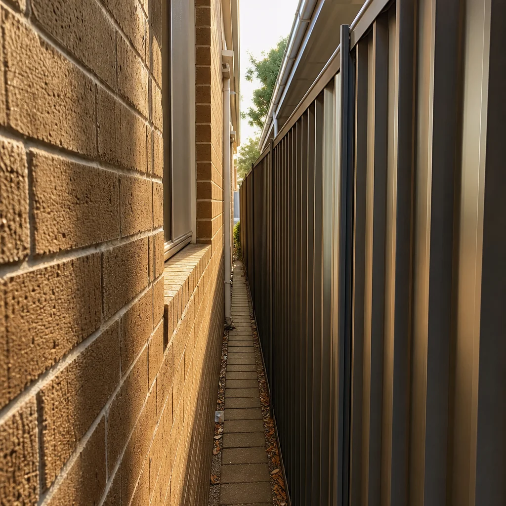 A very narrow side setback, barely a metre of paving between wall and fence
