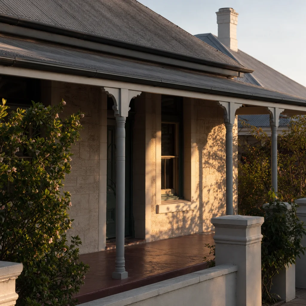 A corrugated iron verandah roof and painted timber posts on a cottage