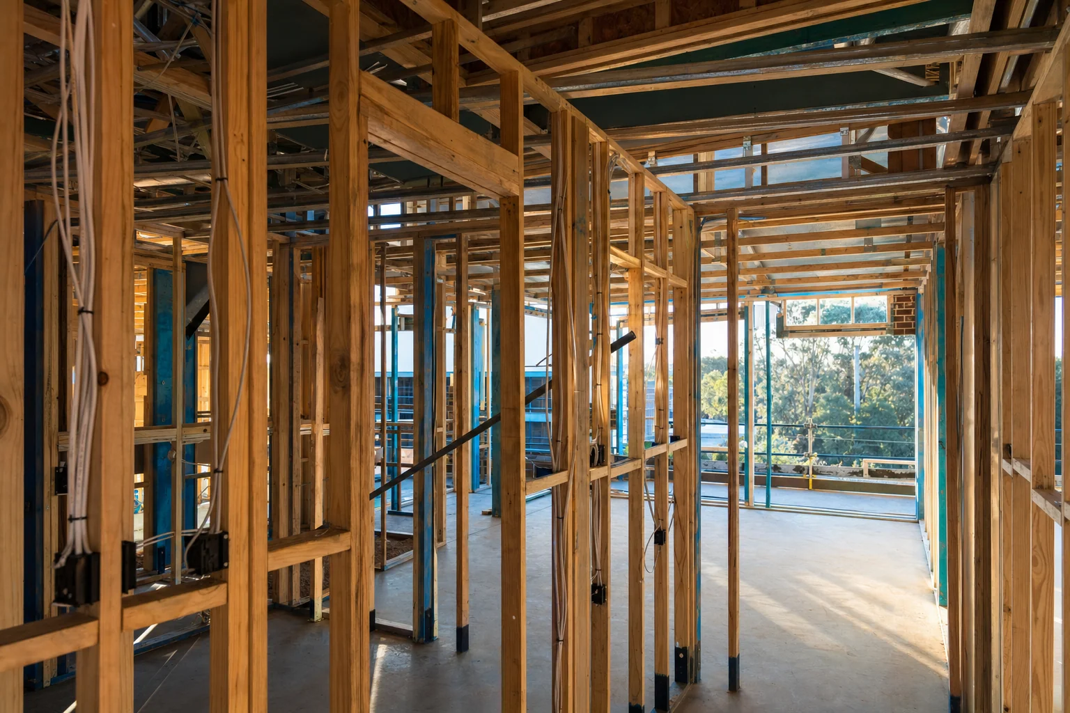Camera cable run through the open timber framing of a Perth new build before the wall linings are fitted